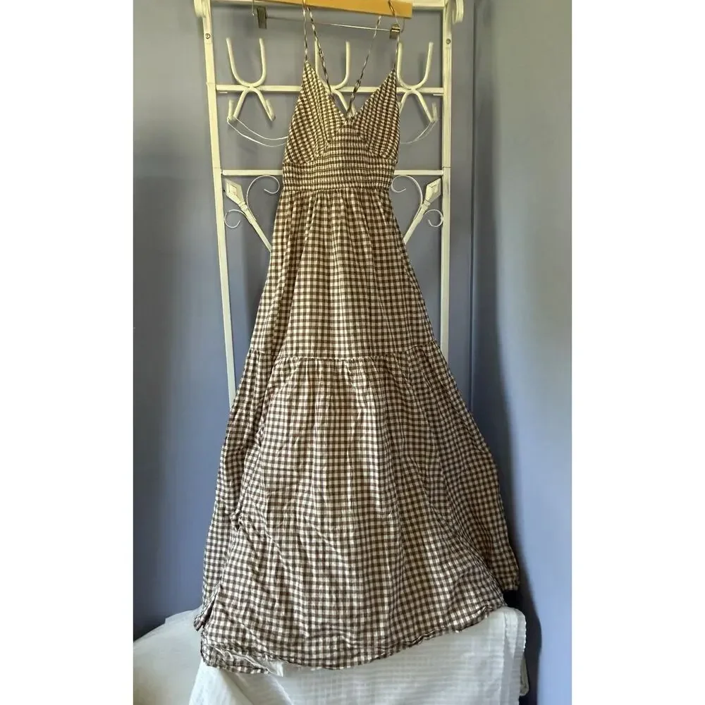 Kimchi Blue Princes Plaid Dress Brown Md Cotton Cottagecore - Picture 3 of 10